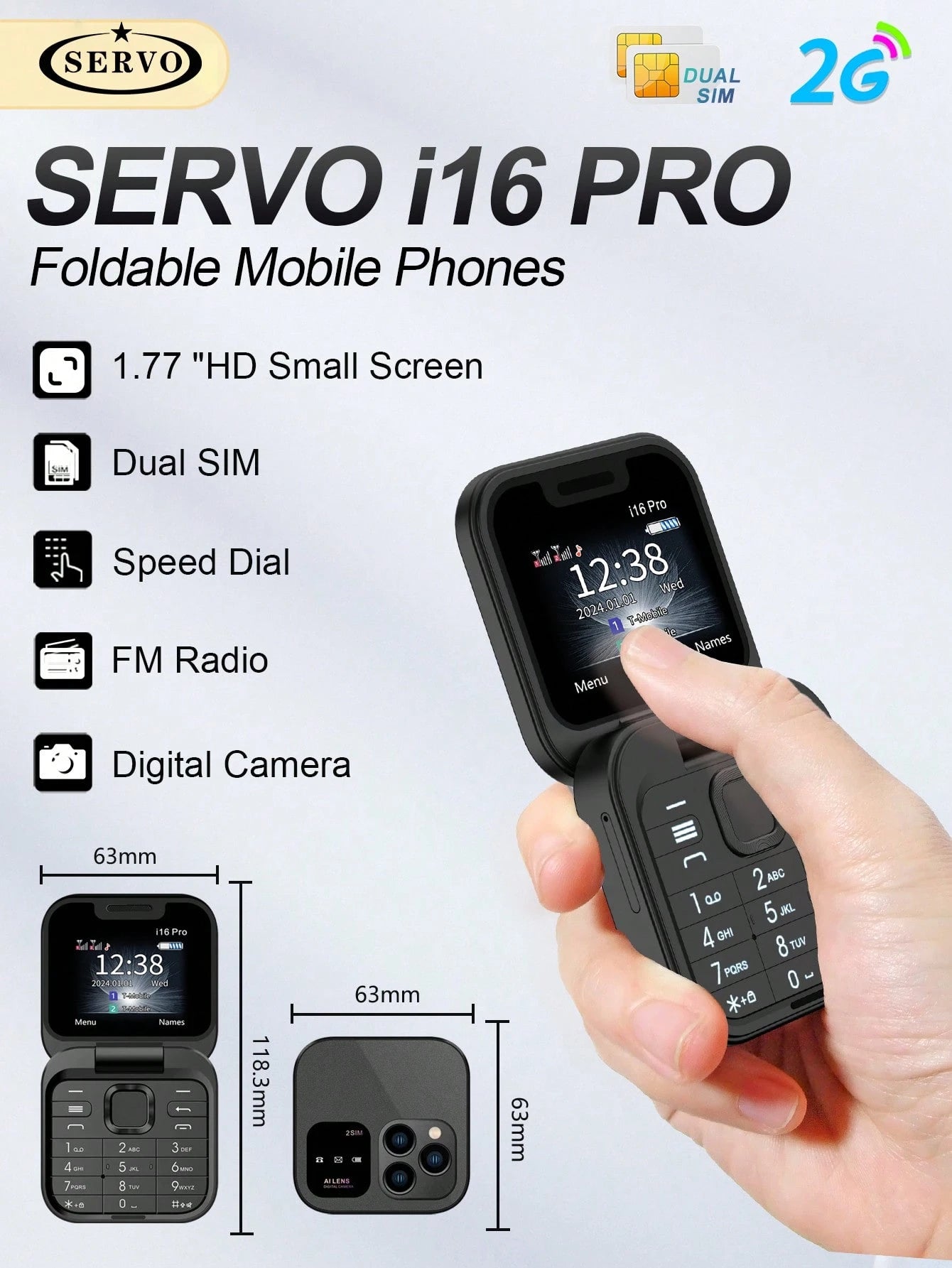 SERVO I16 Pro Mini Folding Phone 2G GSM Dual SIM Quick Dial Video Player 3.5mm Earphone Jack FM Flip Phone