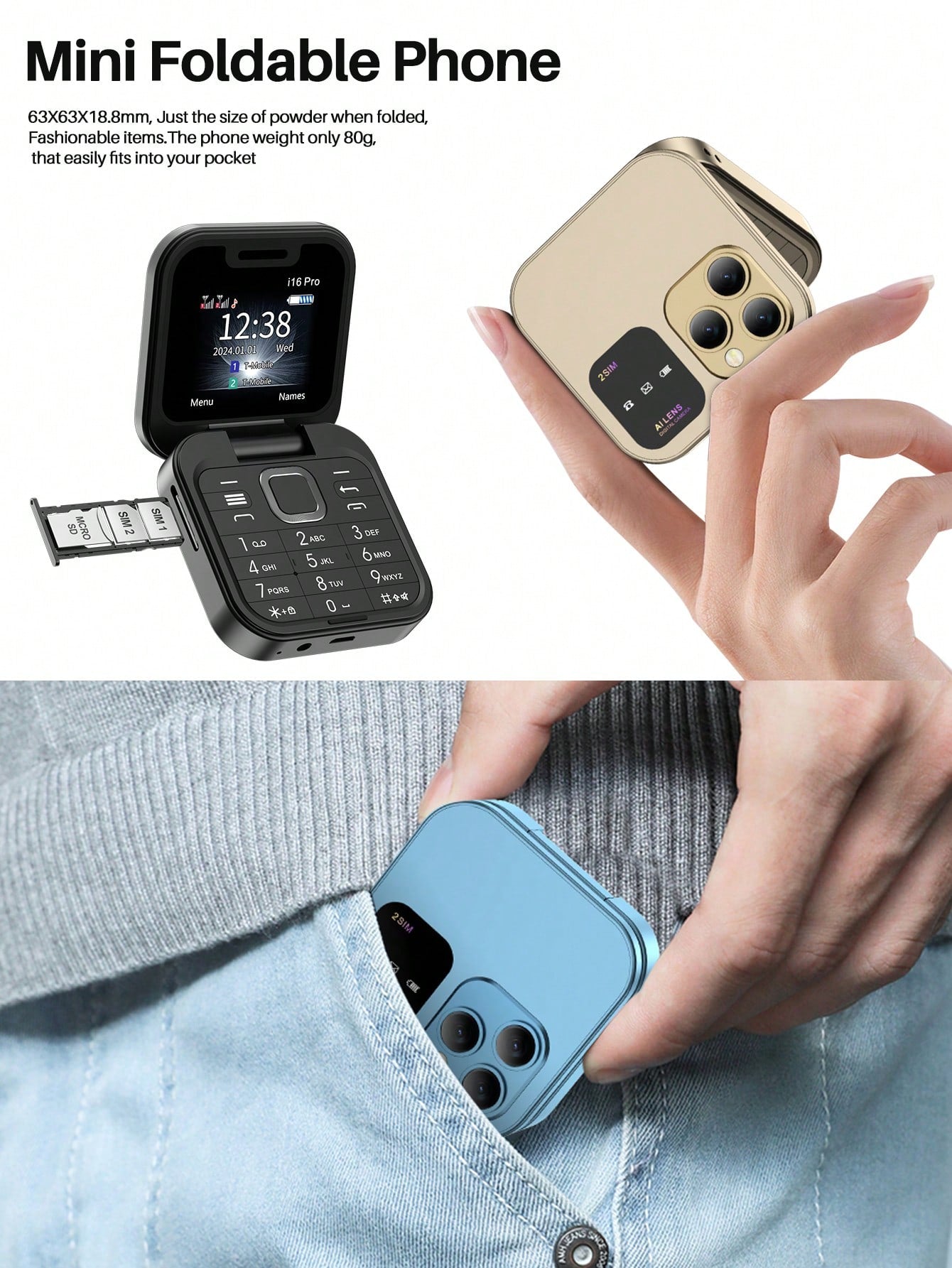 SERVO I16 Pro Mini Folding Phone 2G GSM Dual SIM Quick Dial Video Player 3.5mm Earphone Jack FM Flip Phone