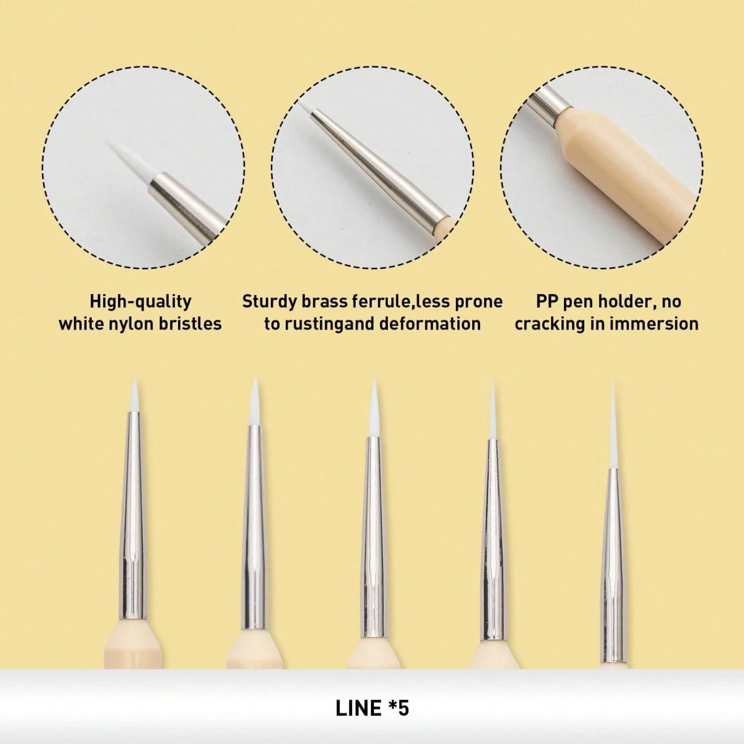 Set 5 Pcs Gouache/Paint Detail Brushes For Acrylic Oil Watercolor Face & Body Gouache Painting Nice Gift Art Hobbyist,Adults (Yellow, Detail Brush)