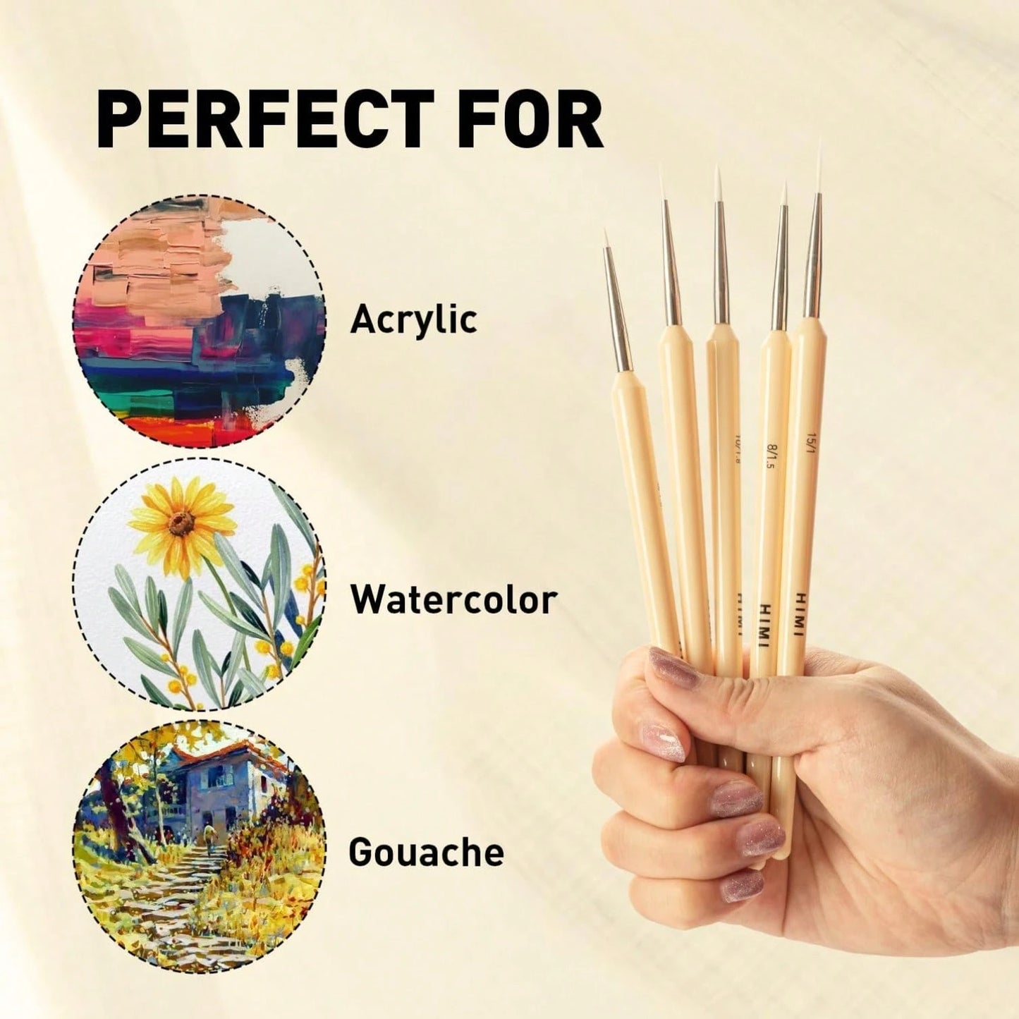 Set 5 Pcs Gouache/Paint Detail Brushes For Acrylic Oil Watercolor Face & Body Gouache Painting Nice Gift Art Hobbyist,Adults (Yellow, Detail Brush)