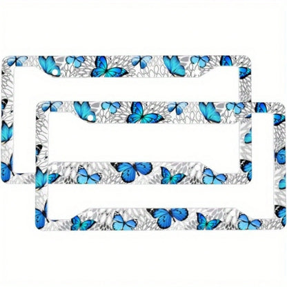 Set Of 2 Blue Butterfly-Themed License Plate Frames For Cars, Featuring A Unique Design And Including Bolts And Washer Caps, Suitable For US Vehicles With 4 Holes