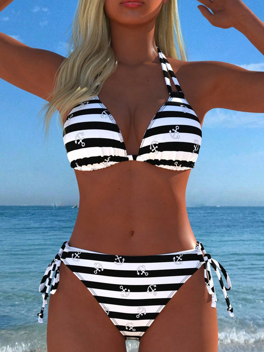 Sexy Casual Women's Halter Bikini Set, Navy Stripe And Anchor Print, Tie Side Swimwear, New Arrival, Holiday Summer Vacation Travel Outfit Beach