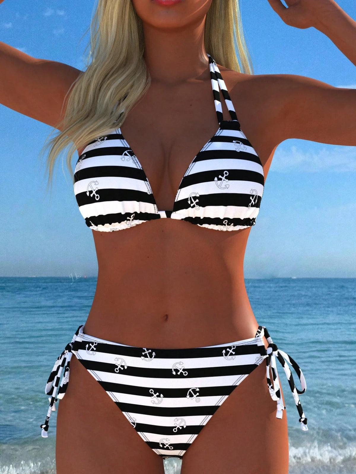Sexy Casual Women's Halter Bikini Set, Navy Stripe And Anchor Print, Tie Side Swimwear, New Arrival, Holiday Summer Vacation Travel Outfit Beach