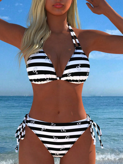 Sexy Casual Women's Halter Bikini Set, Navy Stripe And Anchor Print, Tie Side Swimwear, New Arrival, Holiday Summer Vacation Travel Outfit Beach