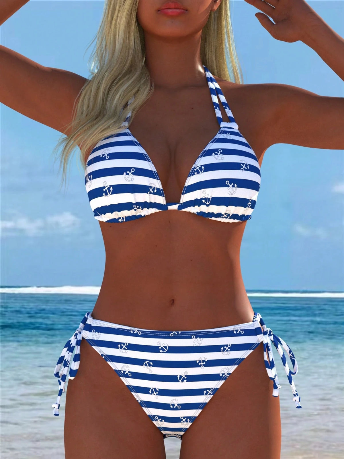 Sexy Casual Women's Halter Bikini Set, Navy Stripe And Anchor Print, Tie Side Swimwear, New Arrival, Holiday Summer Vacation Travel Outfit Beach