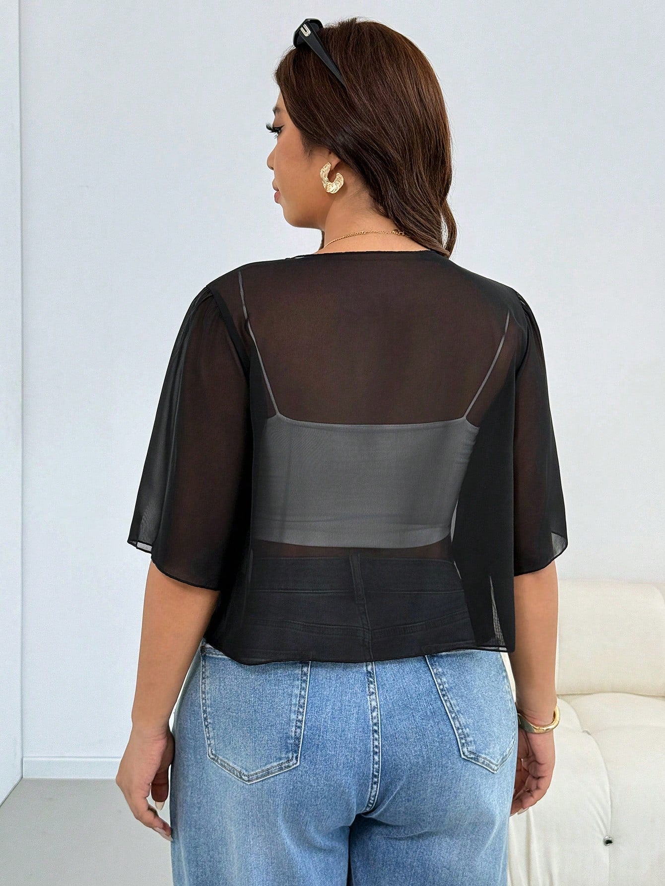 Shapeblank Plus Size Women's Spring/Summer Fashion Casual Traditional Sexy Loose Comfortable Chiffon Fabric Protection Cardigan, Black Top, Outdoor Formal Night