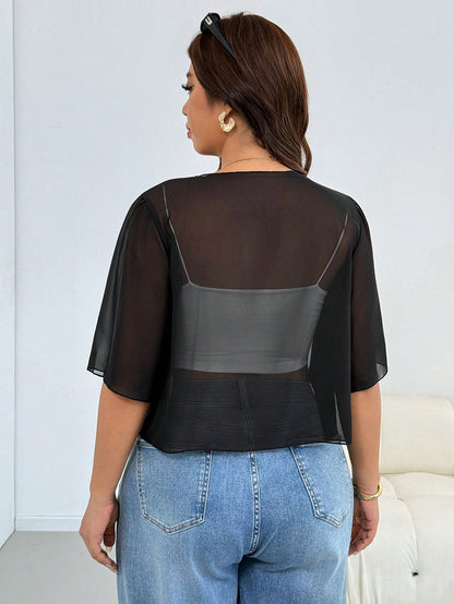 Shapeblank Plus Size Women's Spring/Summer Fashion Casual Traditional Sexy Loose Comfortable Chiffon Fabric Protection Cardigan, Black Top, Outdoor Formal Night