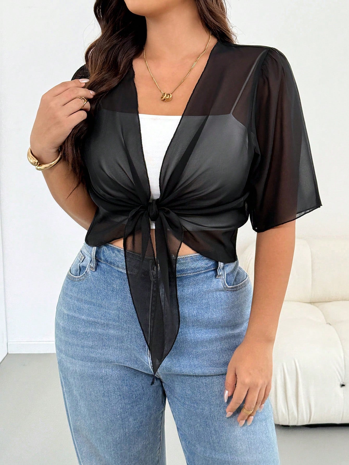 Shapeblank Plus Size Women's Spring/Summer Fashion Casual Traditional Sexy Loose Comfortable Chiffon Fabric Protection Cardigan, Black Top, Outdoor Formal Night