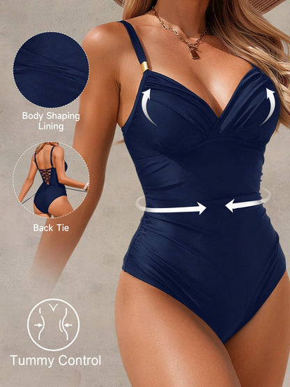 Shapewave Navy Blue,Summer,Elegant,Beach Party,Holiday,Holiday Tummy Control Padded One-Piece Swimsuit For Women,Wrap-Around Body Shaping Lining Swimwear,Boho