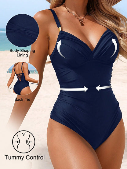 Shapewave Navy Blue,Summer,Elegant,Beach Party,Holiday,Holiday Tummy Control Padded One-Piece Swimsuit For Women,Wrap-Around Body Shaping Lining Swimwear,Boho