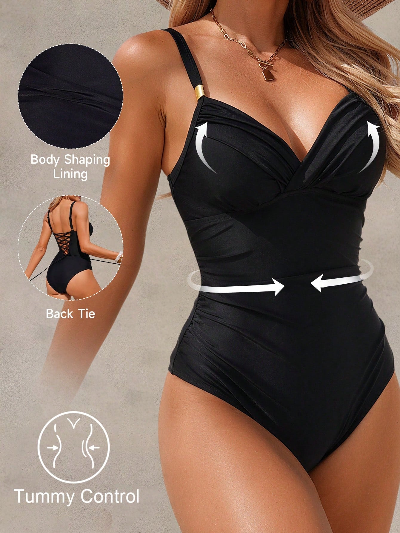 Shapewave Navy Blue,Summer,Elegant,Beach Party,Holiday,Holiday Tummy Control Padded One-Piece Swimsuit For Women,Wrap-Around Body Shaping Lining Swimwear,Boho
