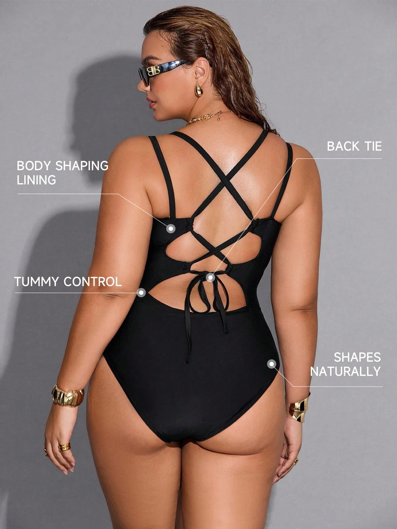 Shapewave Plus Size Women's One-Piece Swimsuit, Solid Color Sexy Rope Cross Back, Suitable For Beach & Resort Vacation In Summer
