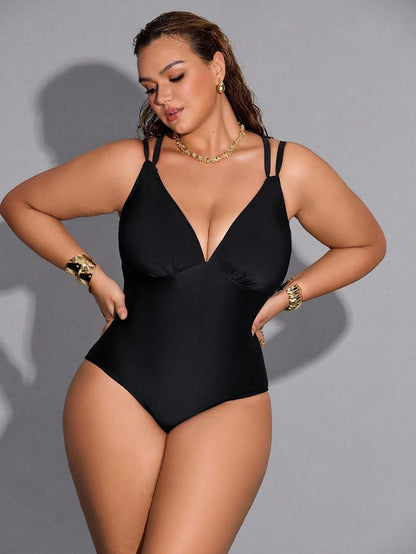 Shapewave Plus Size Women's One-Piece Swimsuit, Solid Color Sexy Rope Cross Back, Suitable For Beach & Resort Vacation In Summer