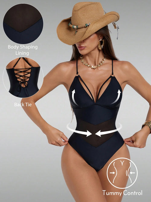 Shapewave Women's Solid Color Backless Criss-Cross Strap One-Piece Swimsuit