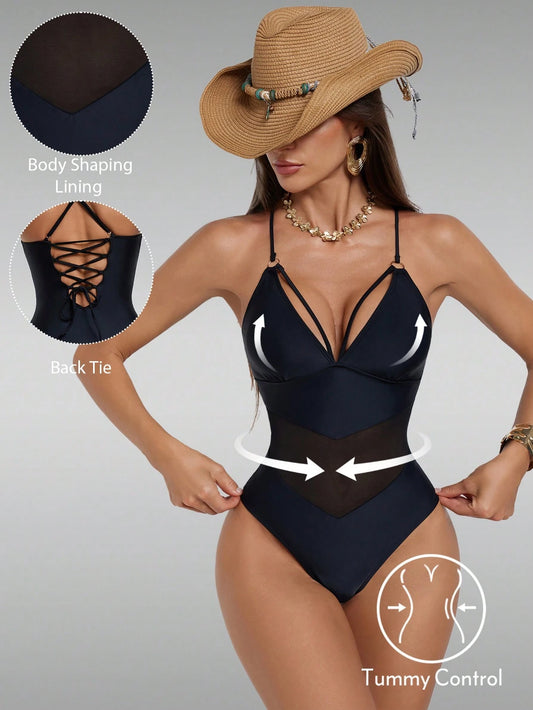 Shapewave Women's Solid Color Backless Criss-Cross Strap One-Piece Swimsuit