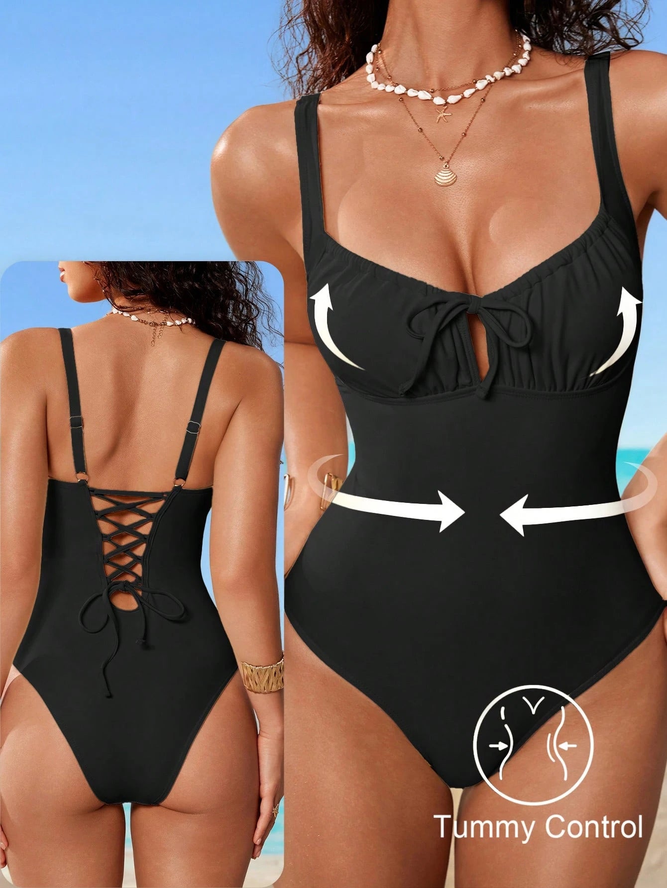 Shapewave Women's Summer Beach Spaghetti Strap Crisscross One-Piece Swimsuit Black Sexy