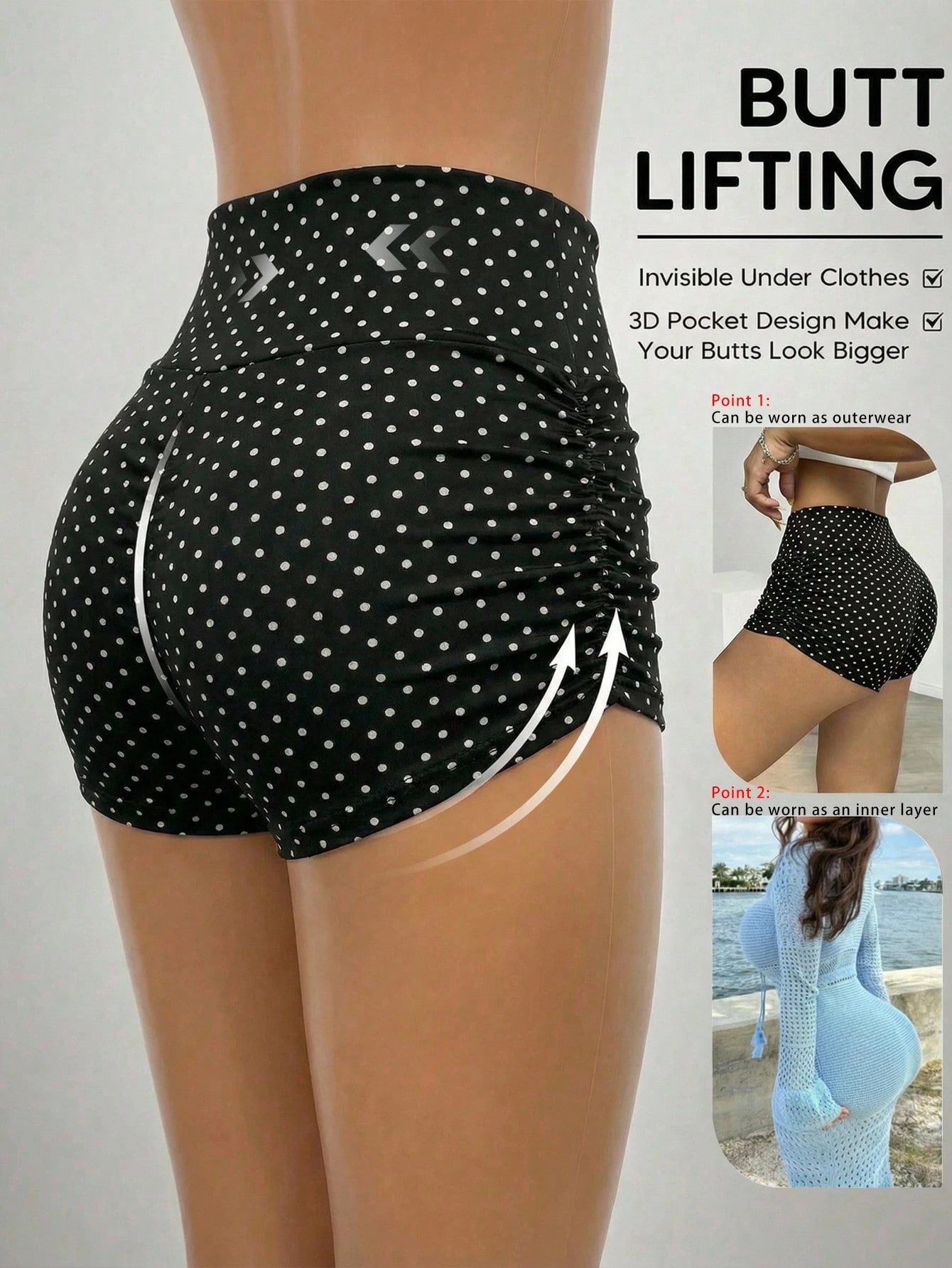 SHEIN EZwear Women's Black Polka Dot Polka Dot Pleated Cycling Shorts,Waist Cinching Lifting Athletic Sexy Gym Shorts,Summer Retro Yoga Sports Casual Shorts Gym