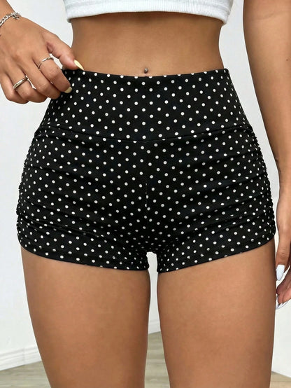SHEIN EZwear Women's Black Polka Dot Polka Dot Pleated Cycling Shorts,Waist Cinching Lifting Athletic Sexy Gym Shorts,Summer Retro Yoga Sports Casual Shorts Gym
