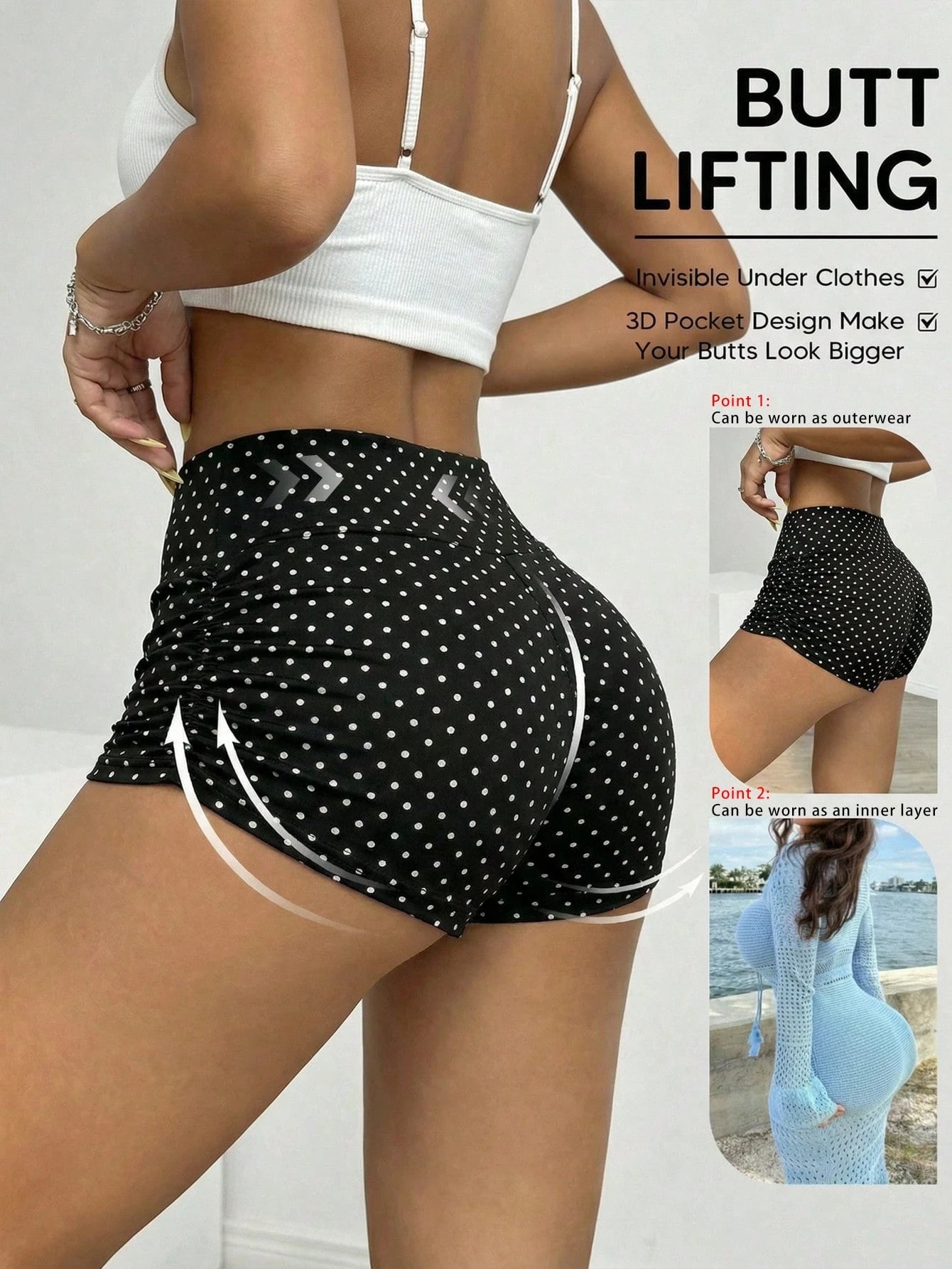 SHEIN EZwear Women's Black Polka Dot Polka Dot Pleated Cycling Shorts,Waist Cinching Lifting Athletic Sexy Gym Shorts,Summer Retro Yoga Sports Casual Shorts Gym