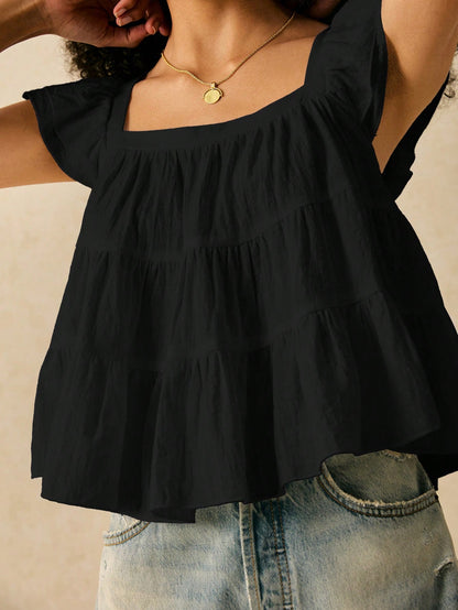 SHEIN Frenchy Women's Summer Casual Solid Color Ruffle Trim Shirt Black Elegant
