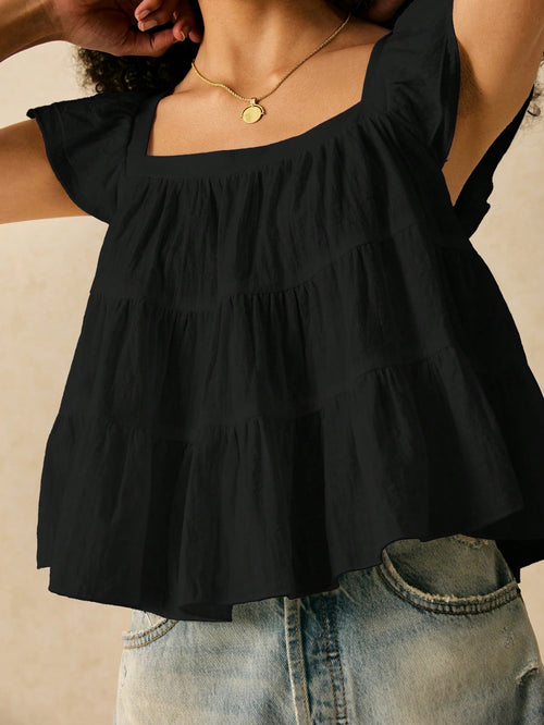 SHEIN Frenchy Women's Summer Casual Solid Color Ruffle Trim Shirt Black Elegant