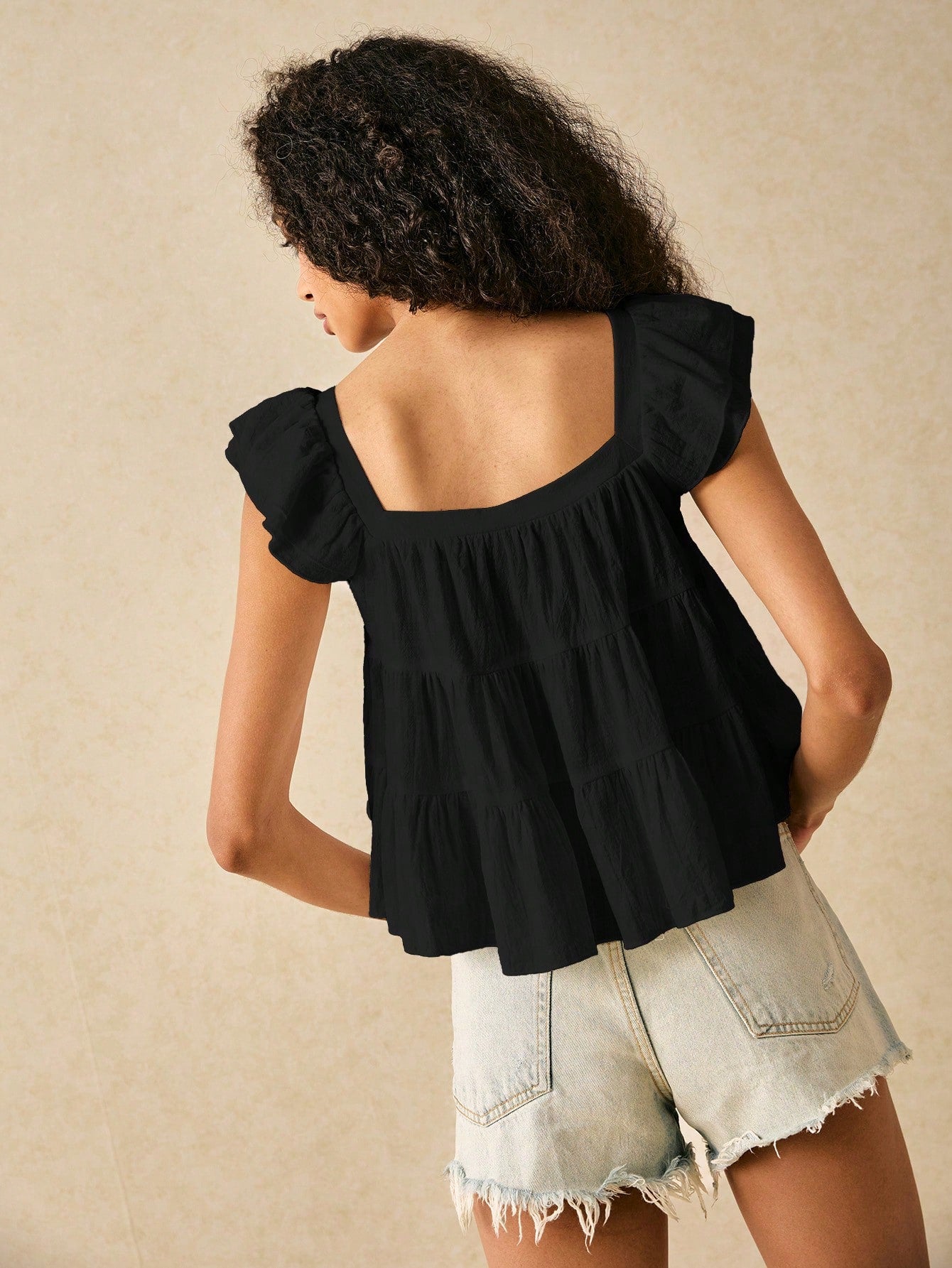 SHEIN Frenchy Women's Summer Casual Solid Color Ruffle Trim Shirt Black Elegant