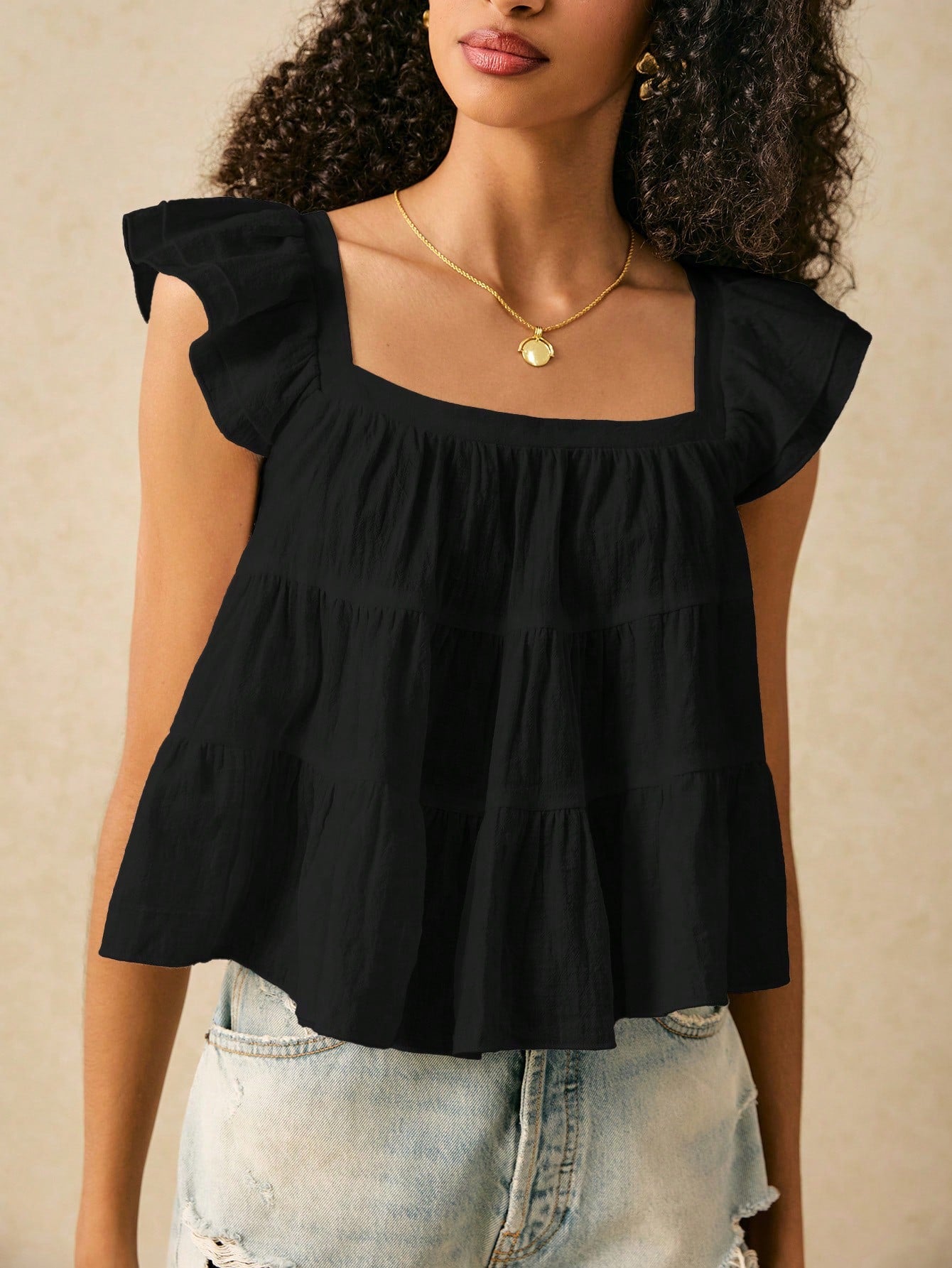 SHEIN Frenchy Women's Summer Casual Solid Color Ruffle Trim Shirt Black Elegant