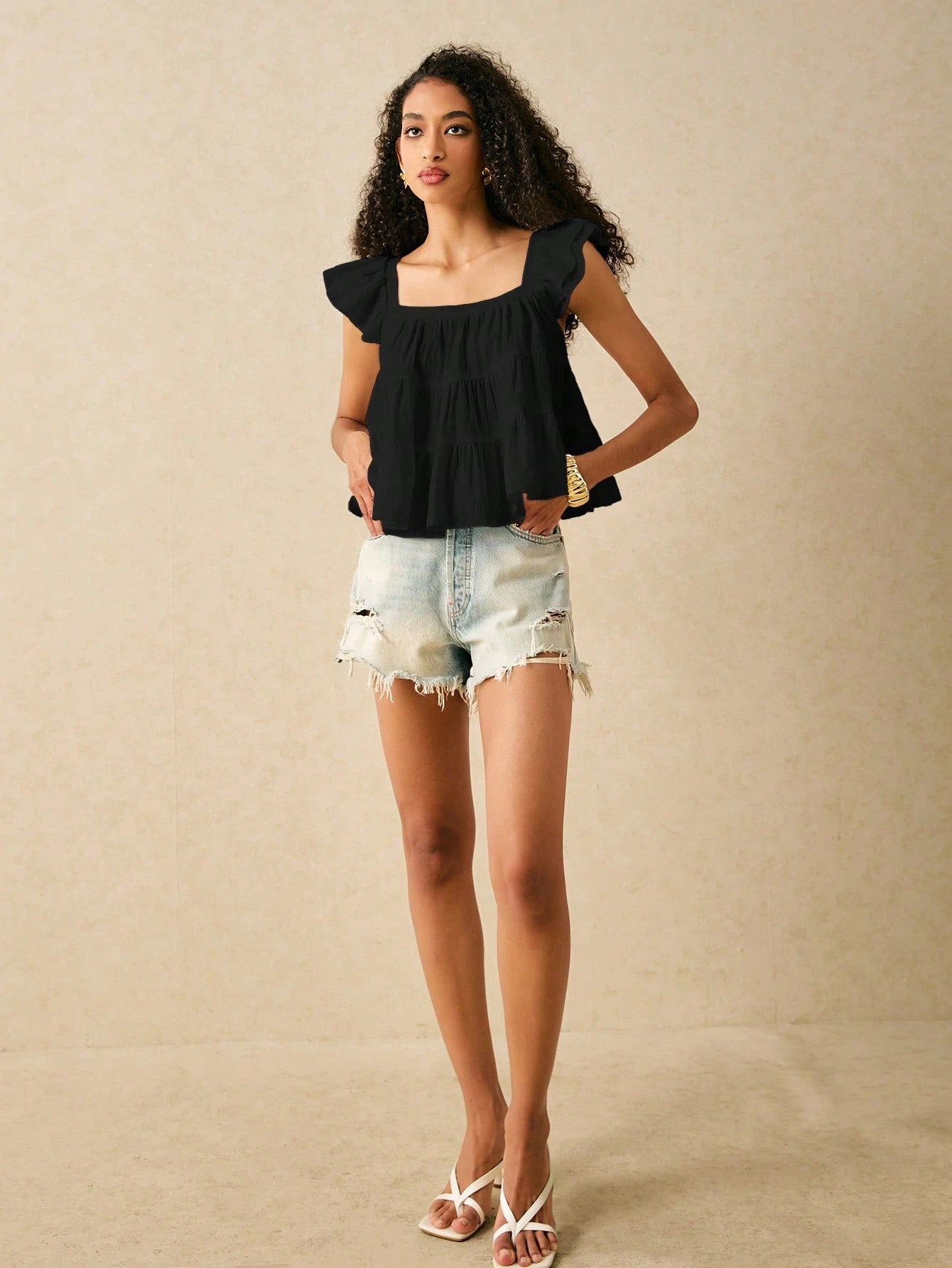 SHEIN Frenchy Women's Summer Casual Solid Color Ruffle Trim Shirt Black Elegant