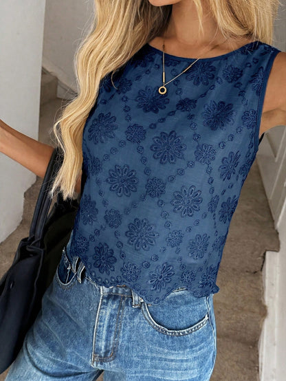 SHEIN LUNE Women's Casual Embroidered Round Neck Cropped Sleeveless Shirt For Vacation,Summer Top