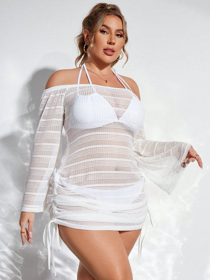 SHEIN Swim Curve Plus Size Women's Vacation Off-Shoulder Long Sleeve Hollow Out See-Through Side Drawstring Cover-Up Dress Summer