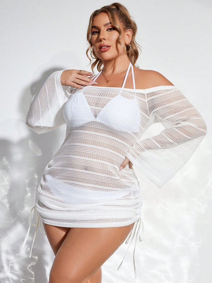 SHEIN Swim Curve Plus Size Women's Vacation Off-Shoulder Long Sleeve Hollow Out See-Through Side Drawstring Cover-Up Dress Summer
