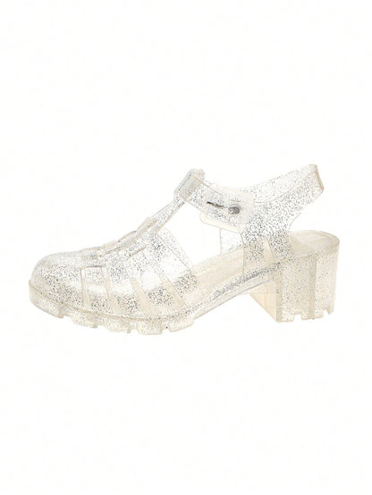 Shiny Crystal Jelly Sandals, Peep Toe Hollow Out Platform Slip On Sandals, Woven Thick Sole Roman Sandals For Teenagers, Summer, Birthday Gift