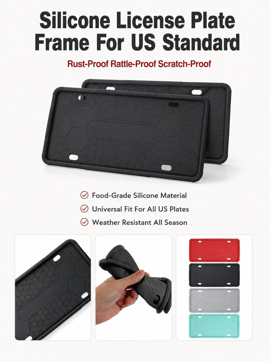 Silicone License Plate Frame, Rust-Proof Shock-Absorbing Scratch-Resistant Flexible License Plate Holder, 12.20" X 6.30" Weather-Resistant Car Exterior Accessory, Suitable For Sedans, SUVs, Trucks