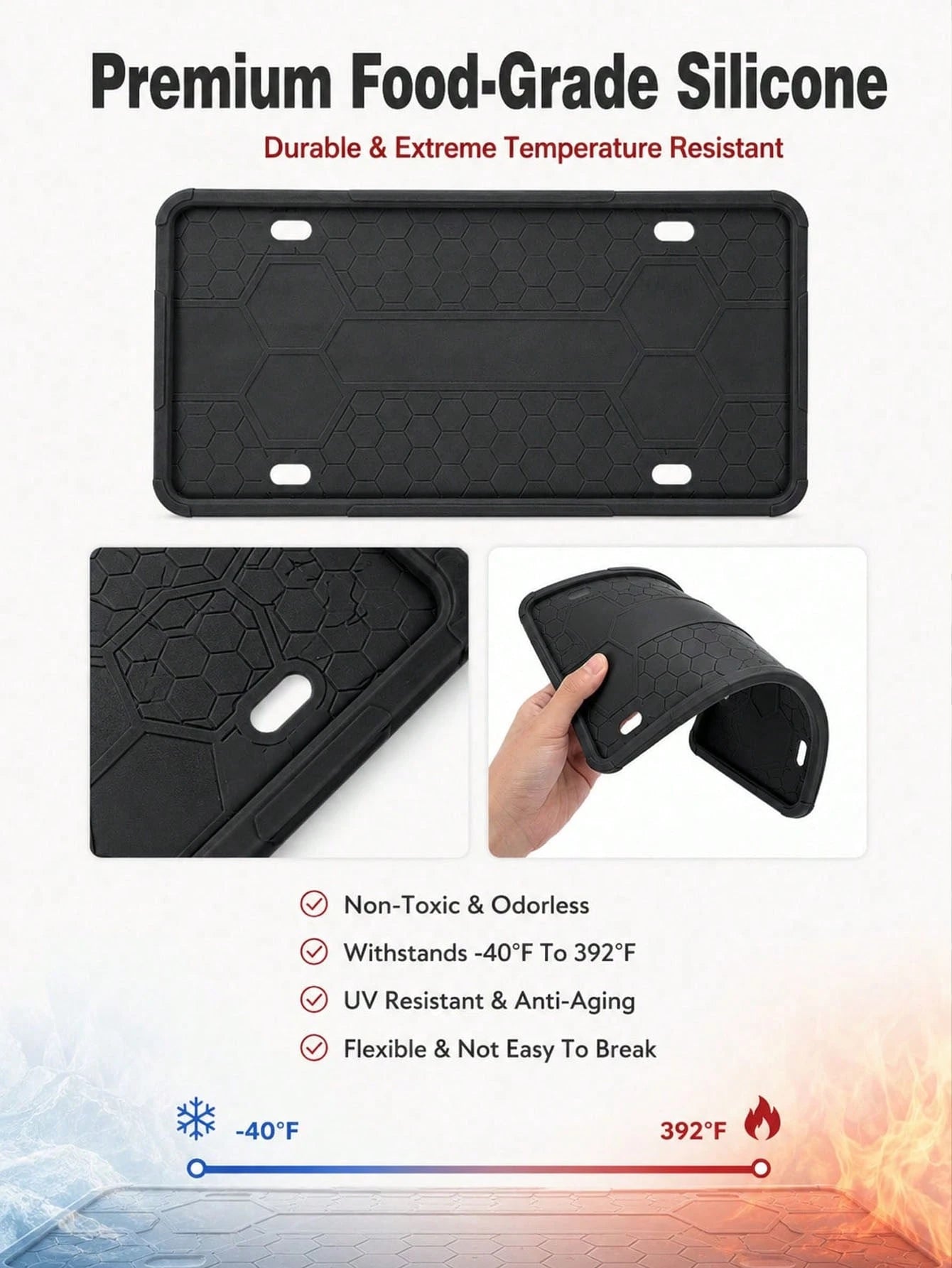 Silicone License Plate Frame, Rust-Proof Shock-Absorbing Scratch-Resistant Flexible License Plate Holder, 12.20" X 6.30" Weather-Resistant Car Exterior Accessory, Suitable For Sedans, SUVs, Trucks