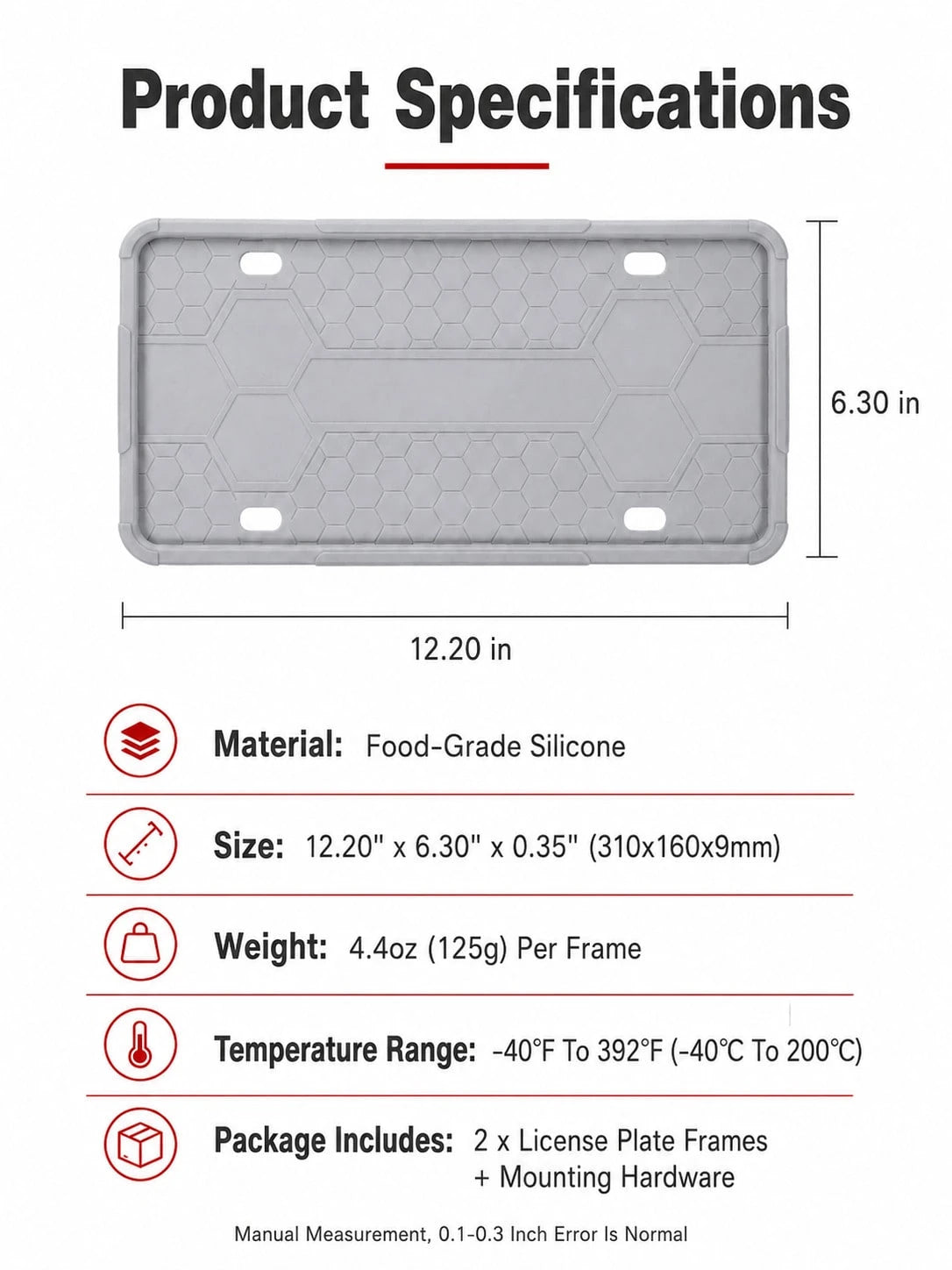 Silicone License Plate Frame, Rust-Proof Shock-Absorbing Scratch-Resistant Flexible License Plate Holder, 12.20" X 6.30" Weather-Resistant Car Exterior Accessory, Suitable For Sedans, SUVs, Trucks