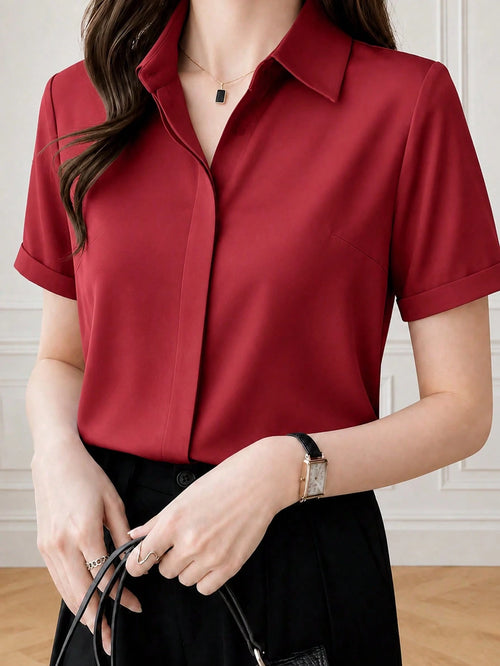 Silk Short Sleeve Design Refined Port Wind Satin Shirt Summer Spring Red