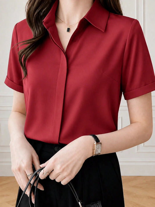 Silk Short Sleeve Design Refined Port Wind Satin Shirt Summer Spring Red