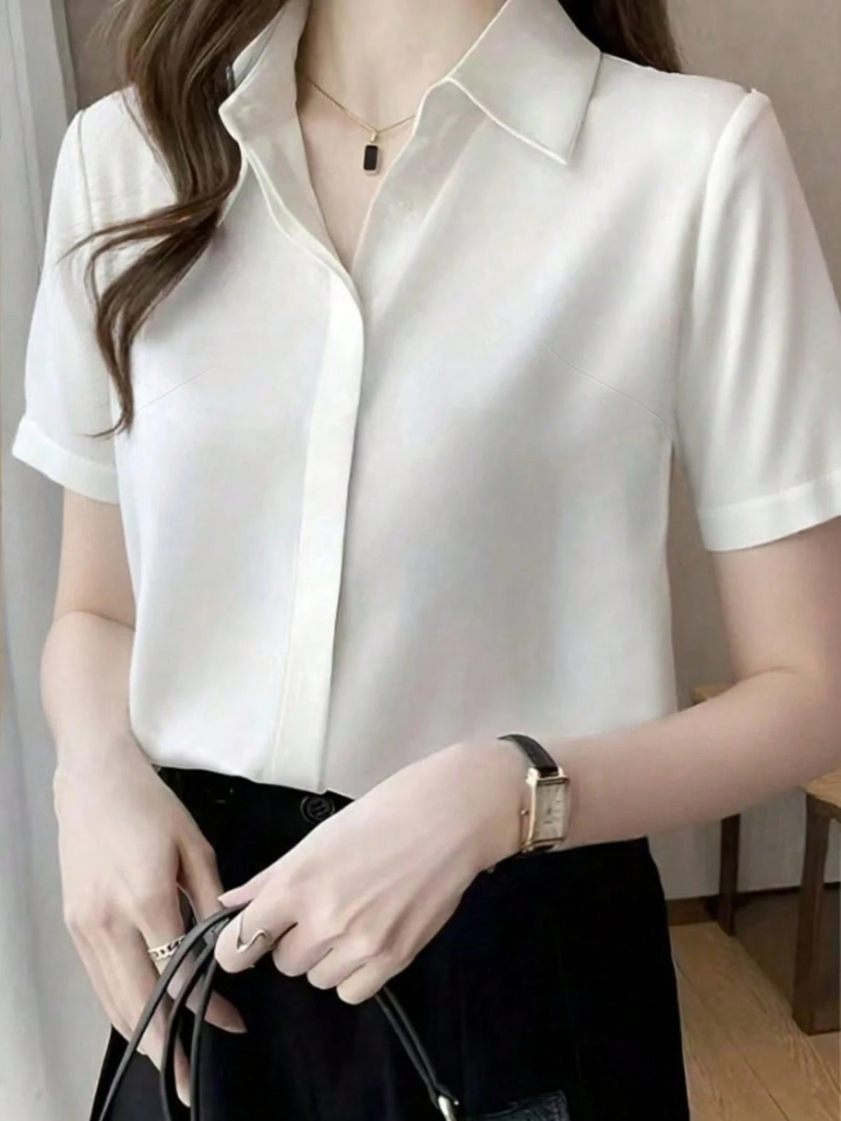 Silk Short Sleeve Design Refined Port Wind Satin Shirt Summer Spring Red