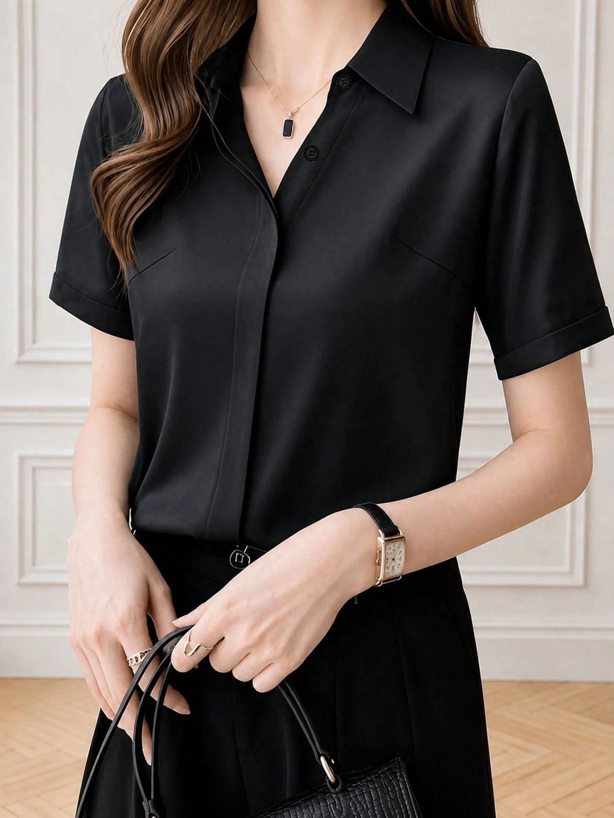 Silk Short Sleeve Design Refined Port Wind Satin Shirt Summer Spring Red