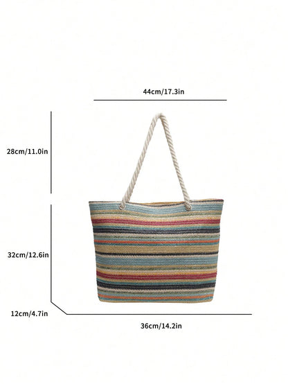 Simple And Large Capacity Rainbow Shoulder Tote Bag,Straw Bag