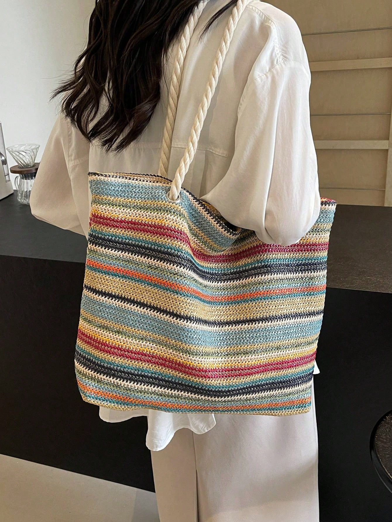 Simple And Large Capacity Rainbow Shoulder Tote Bag,Straw Bag