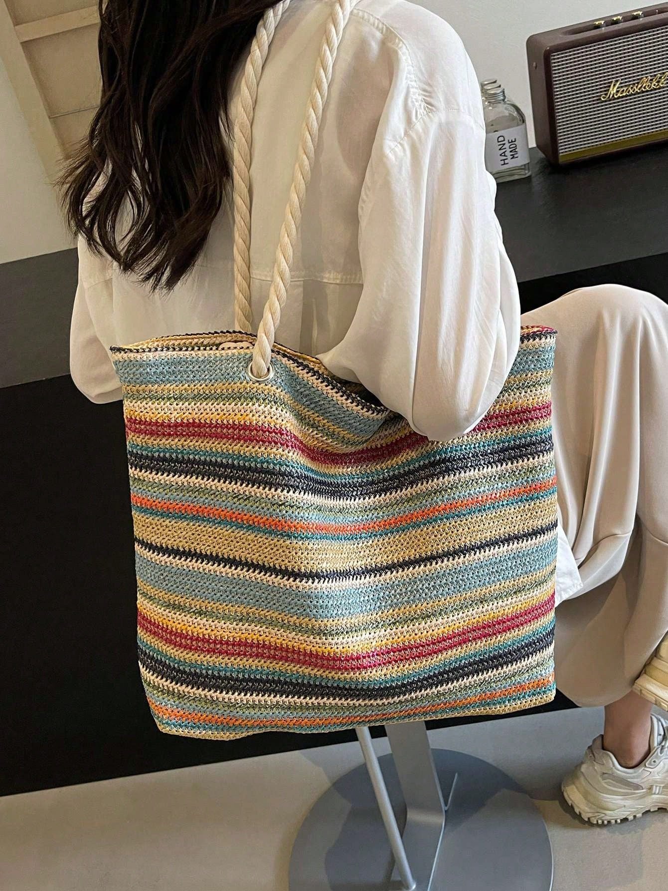 Simple And Large Capacity Rainbow Shoulder Tote Bag,Straw Bag