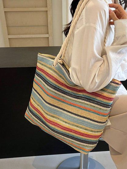 Simple And Large Capacity Rainbow Shoulder Tote Bag,Straw Bag