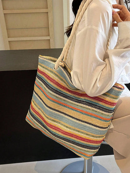 Simple And Large Capacity Rainbow Shoulder Tote Bag,Straw Bag