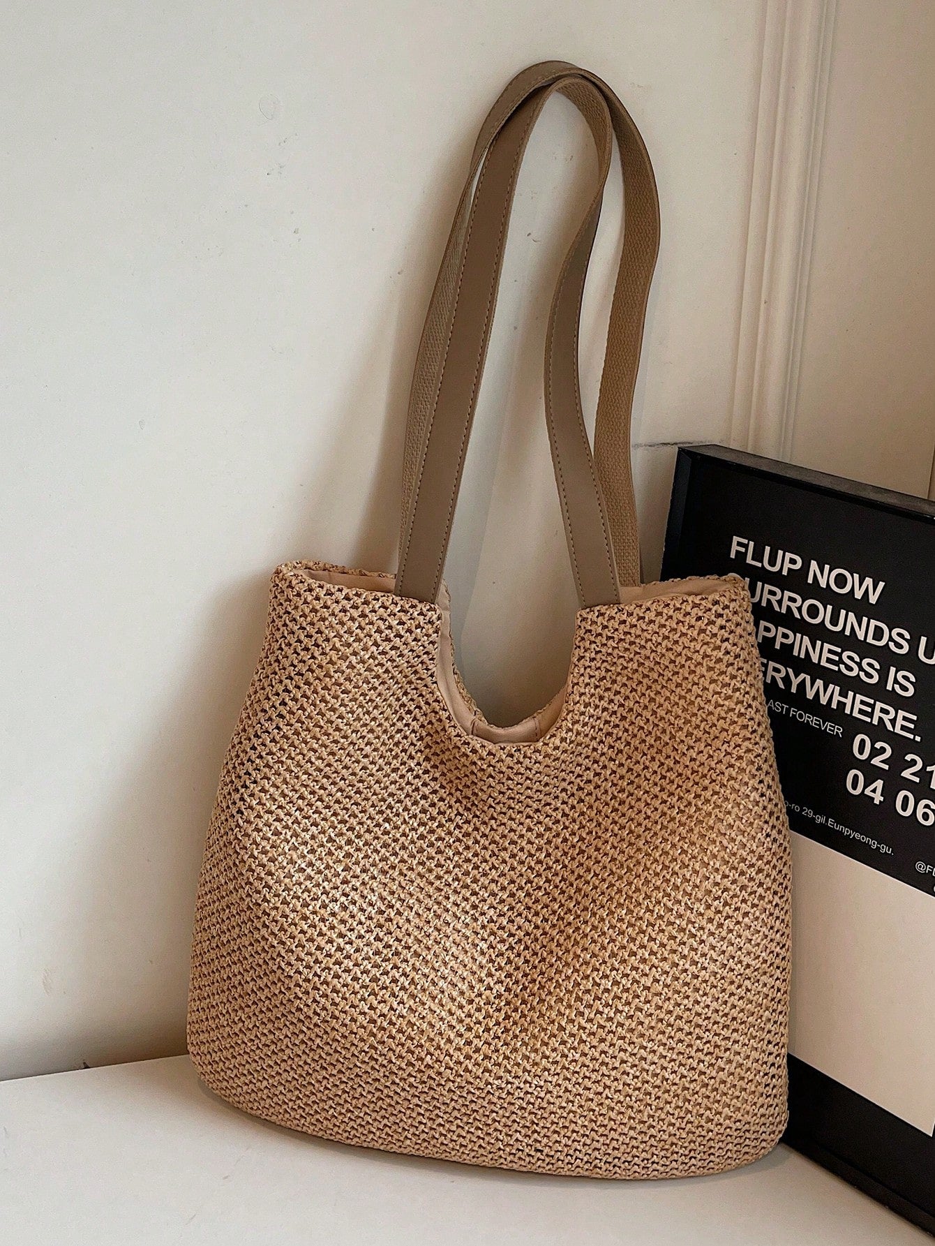 Simple And Large Capacity Rainbow Shoulder Tote Bag,Straw Bag