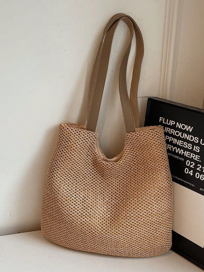 Simple And Large Capacity Rainbow Shoulder Tote Bag,Straw Bag