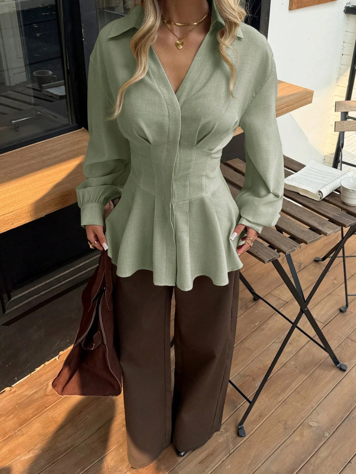 Siren Gaze Autumn/Winter New Waist-Cinched A-Line Long Sleeve Blouse For Women Elegant