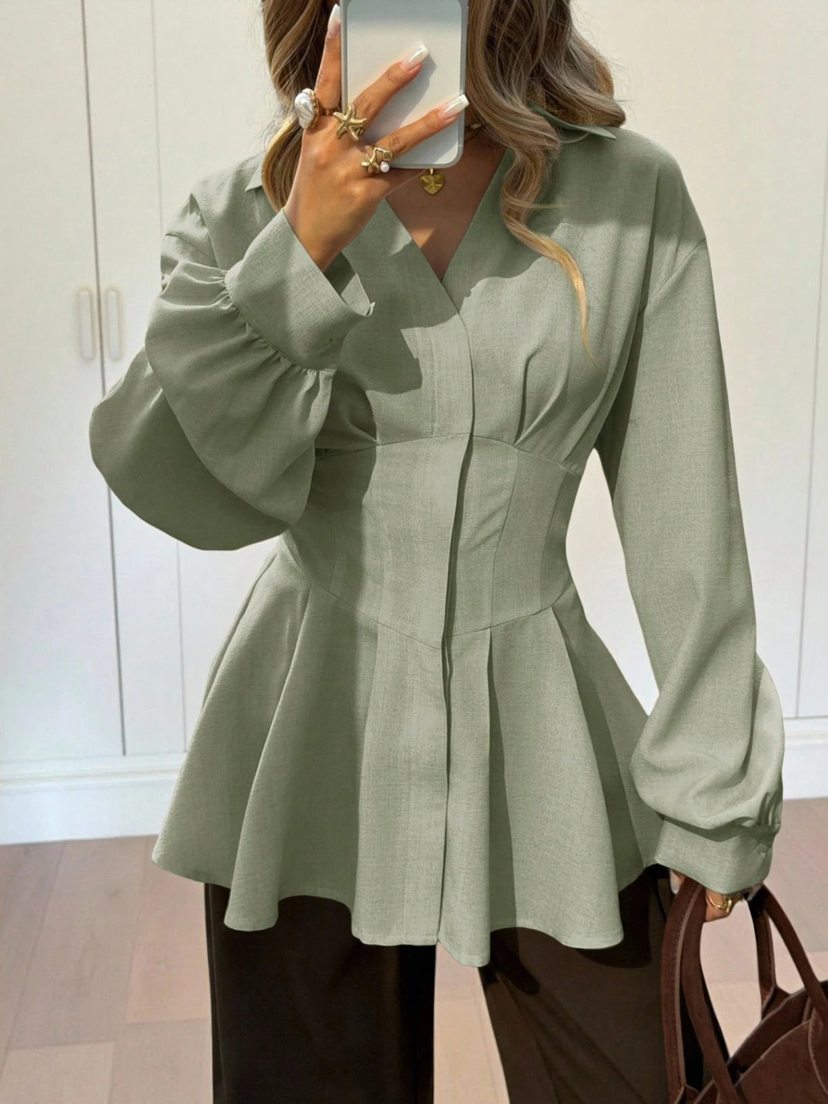 Siren Gaze Autumn/Winter New Waist-Cinched A-Line Long Sleeve Blouse For Women Elegant