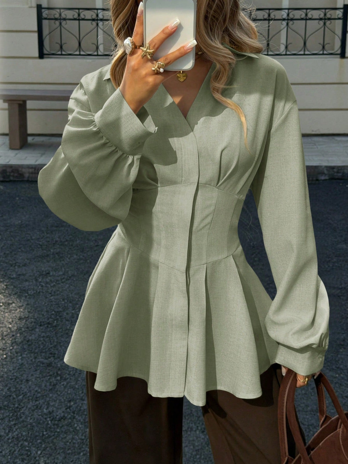 Siren Gaze Autumn/Winter New Waist-Cinched A-Line Long Sleeve Blouse For Women Elegant