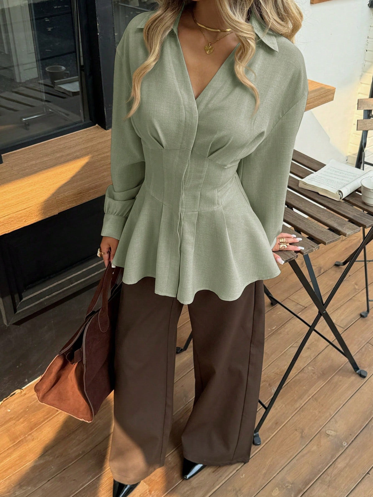Siren Gaze Autumn/Winter New Waist-Cinched A-Line Long Sleeve Blouse For Women Elegant